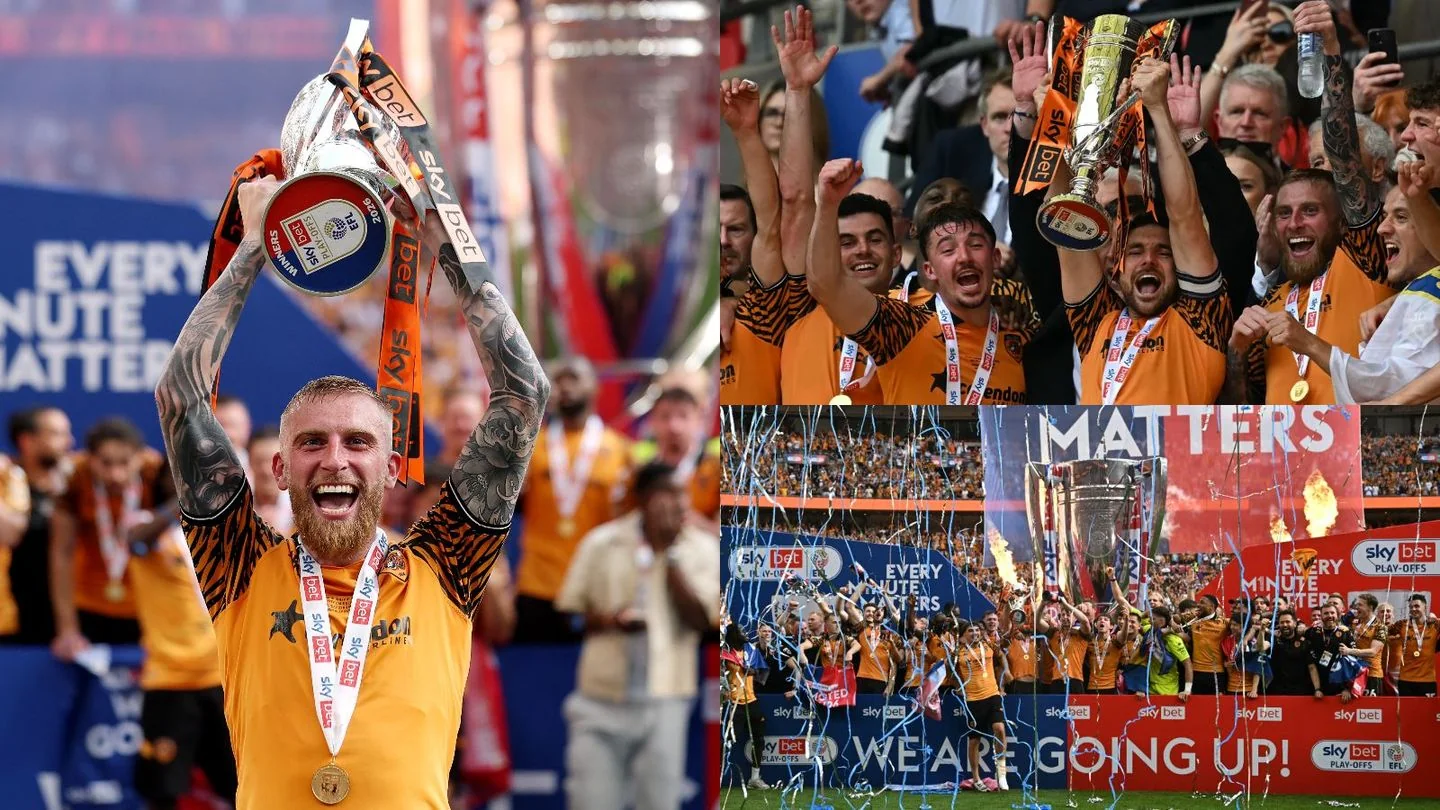 Hull City players and supporters celebrate promotion to the 2026/27 Premier League