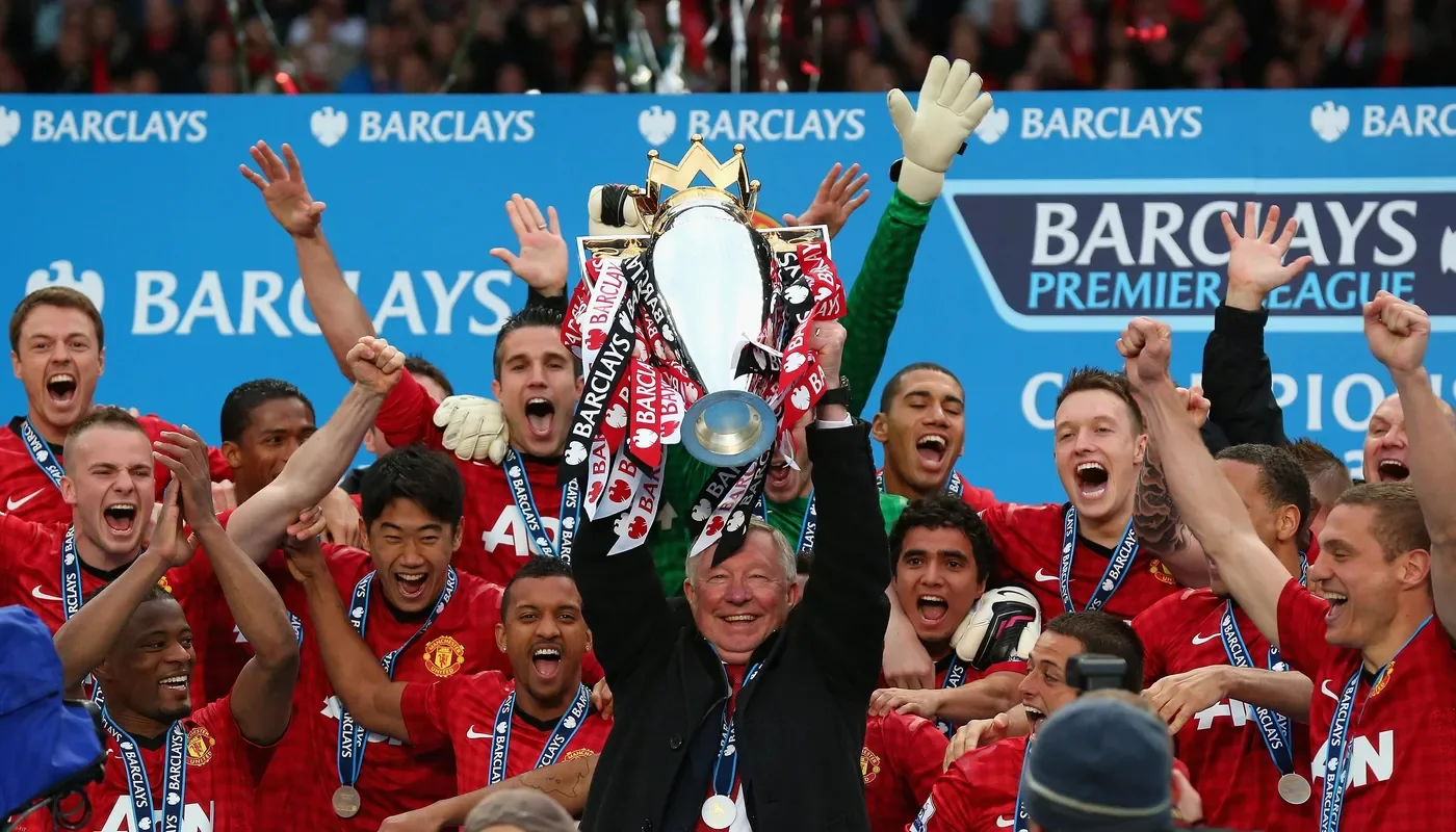 Sir Alex Ferguson lifts the Premier League Trophy during Manchester United's record era