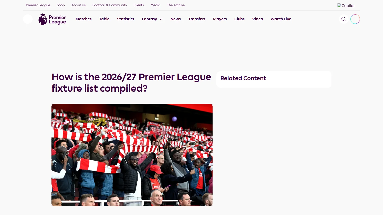 Premier League fixture-list explainer showing Arsenal supporters at Emirates Stadium