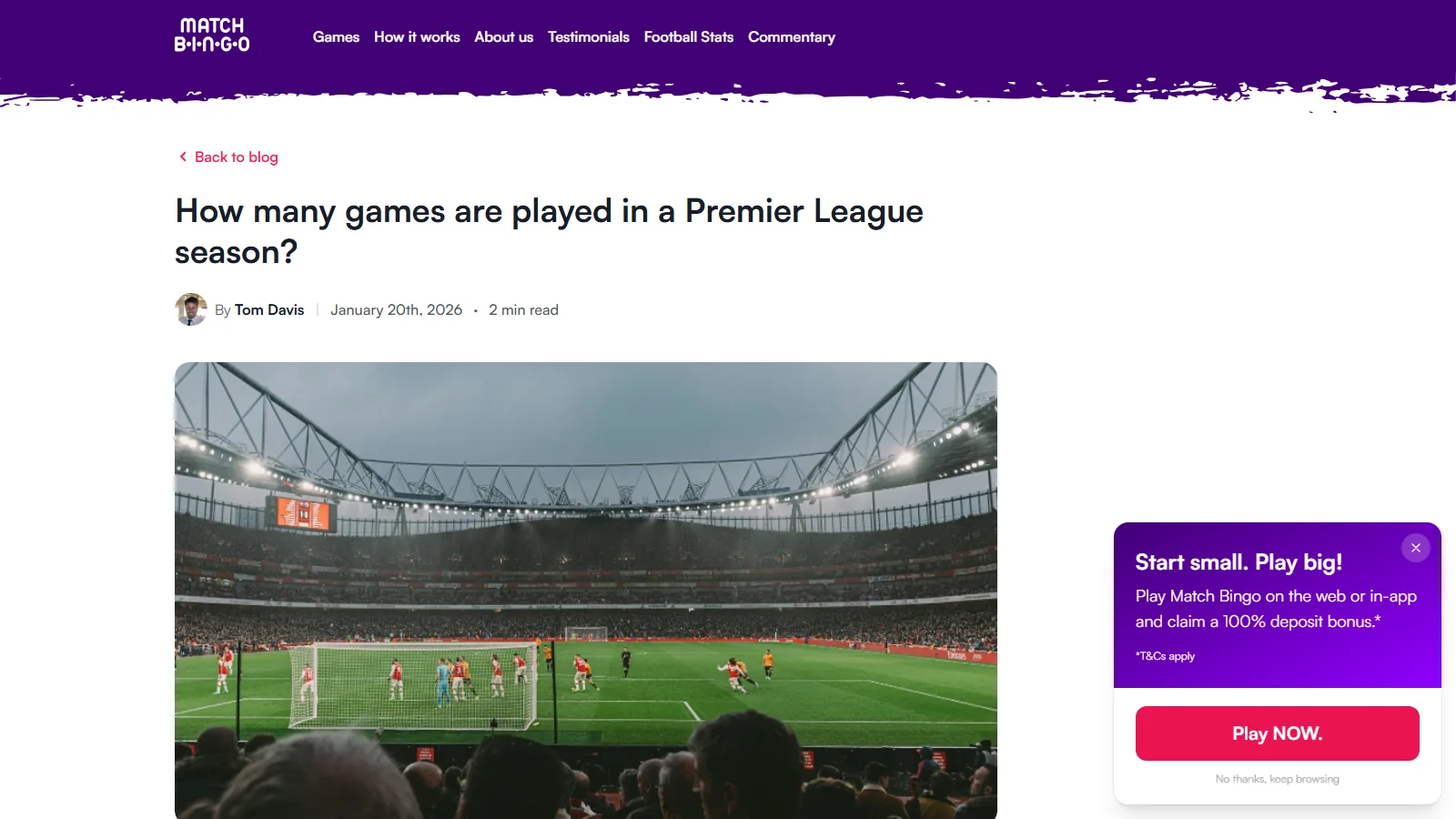 Third-party Premier League match-count article displayed above a stadium photograph